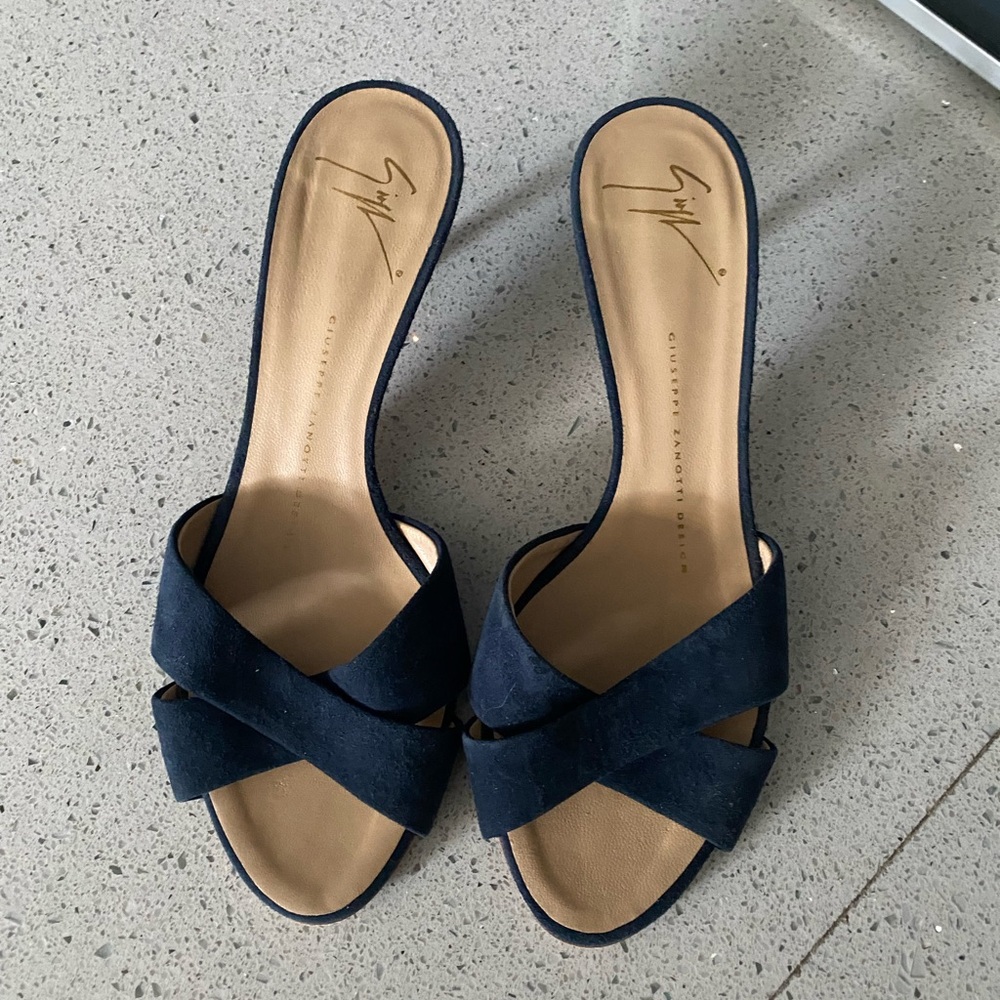 Giuseppe Zanotti Navy Suede Kitten Heel Sandals